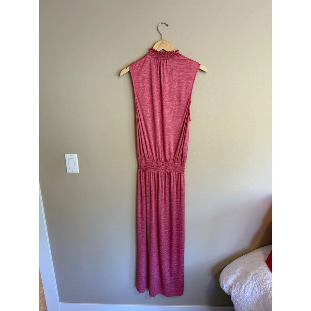 Pink Textured‎ Smocked Waist Sleeveless Ruffle Mock Neck Maxi Dress S